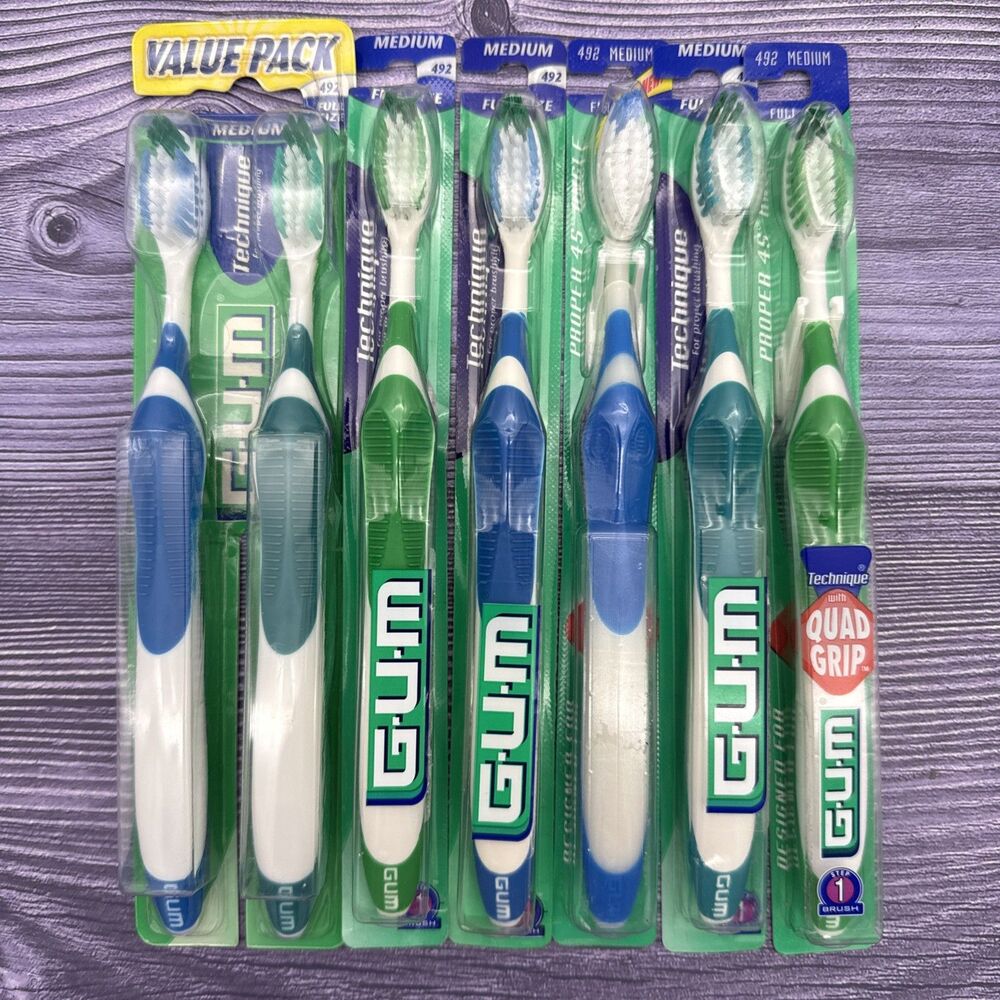 7 LOT Vintage NOS Butler GUM Quad Grip Technique 492 Toothbrush Medium Full Size